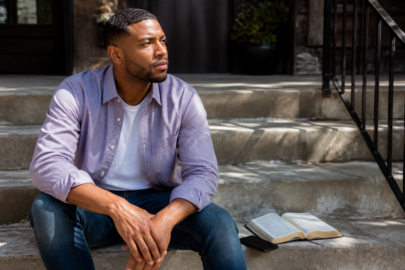 A young adult reading Scripture on sunlit steps between the weekday and faith