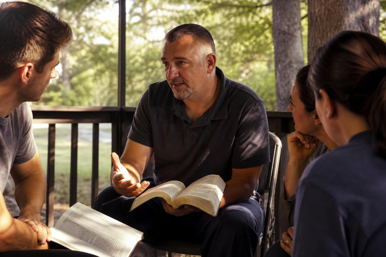A small circle of disciples studying Scripture together
