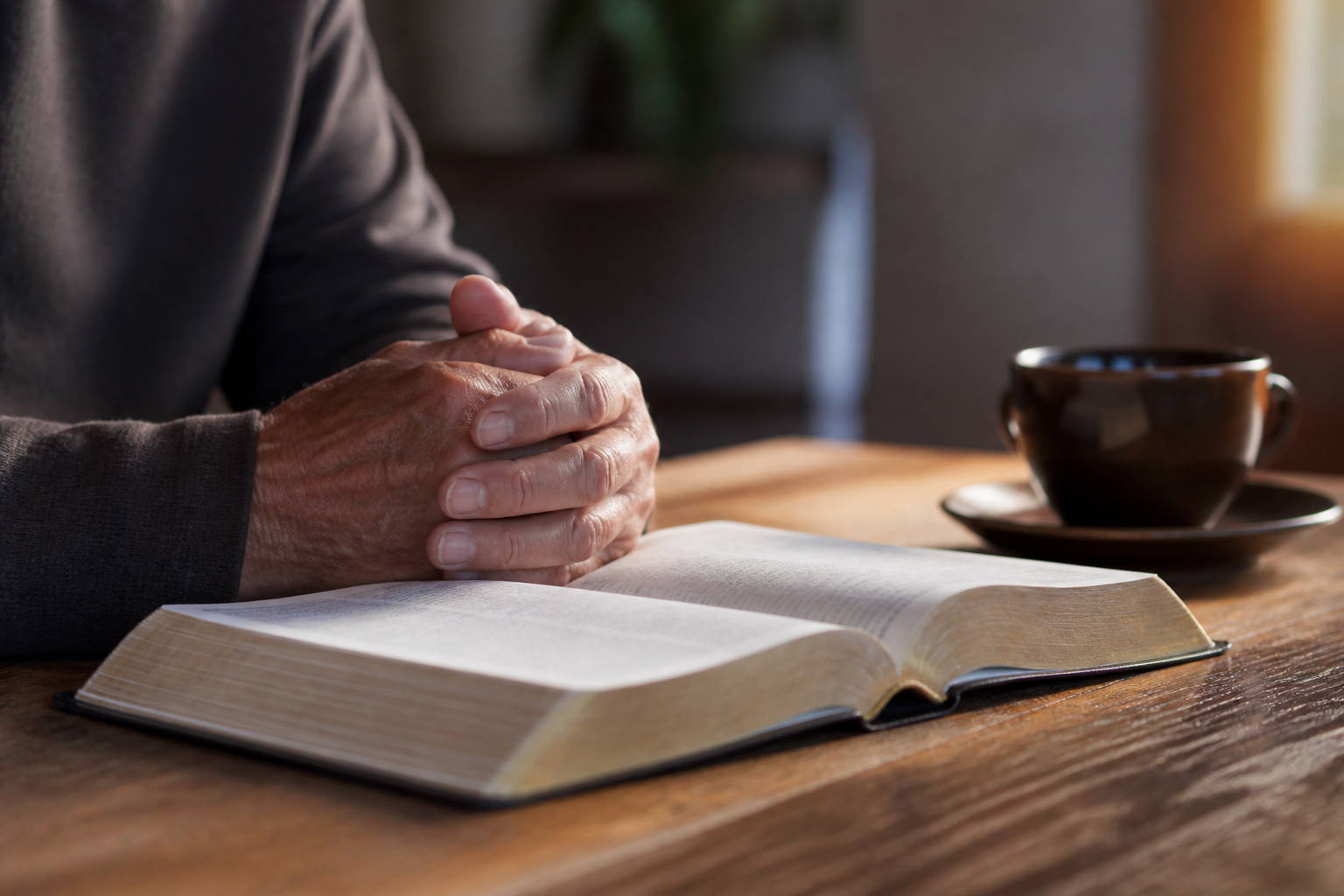 Weathered hands resting on an open Bible in morning light